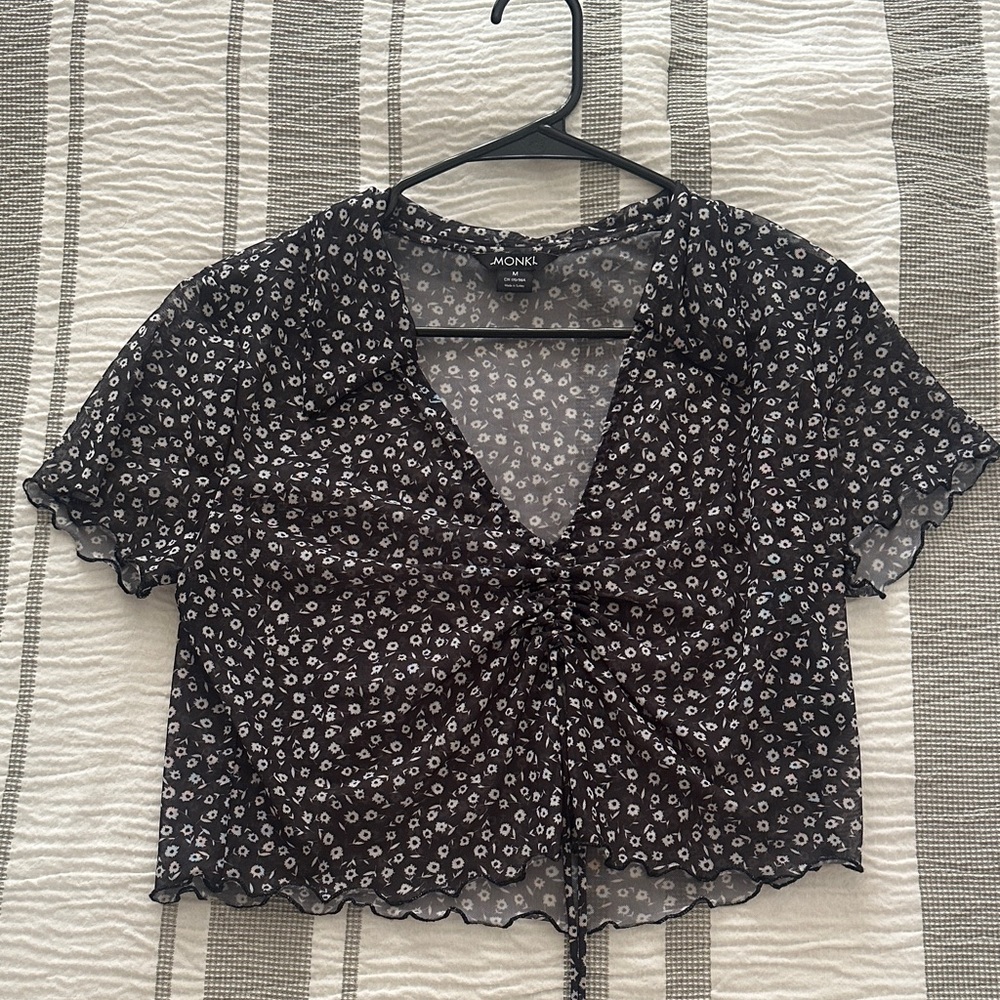 Monki Sheer Black and White Floral Blouse